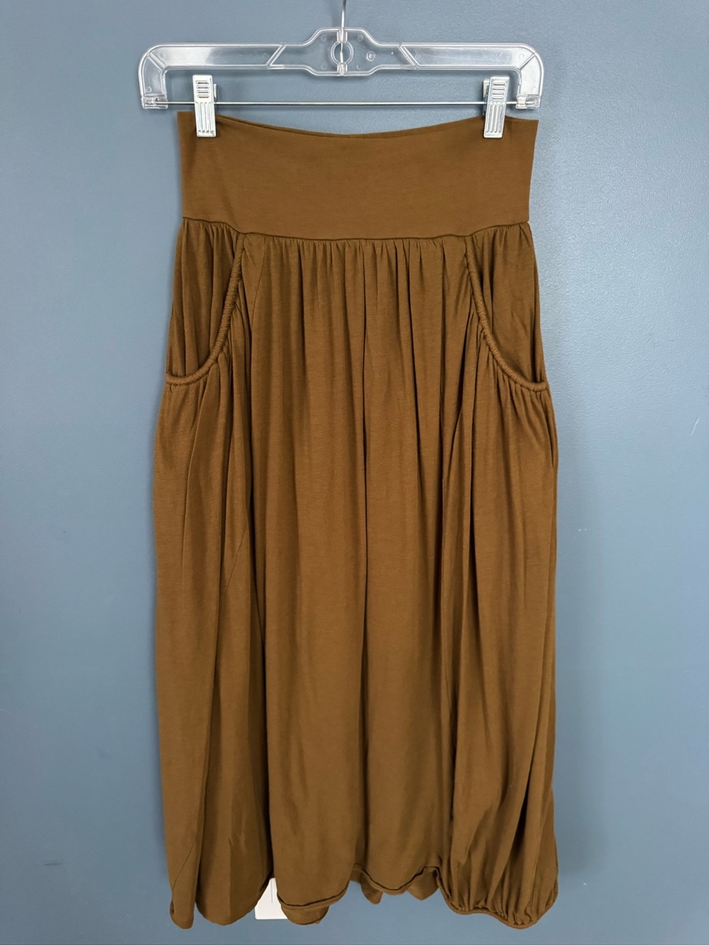 Garnet Hill Favorite Maxi Knit Skirt Olive Brown Pockets Size Petite Medium